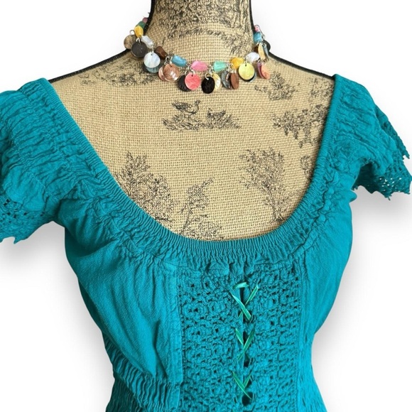 Turquoise Blue Lace-Up Ruffle Dress Size M - Picture 2 of 4